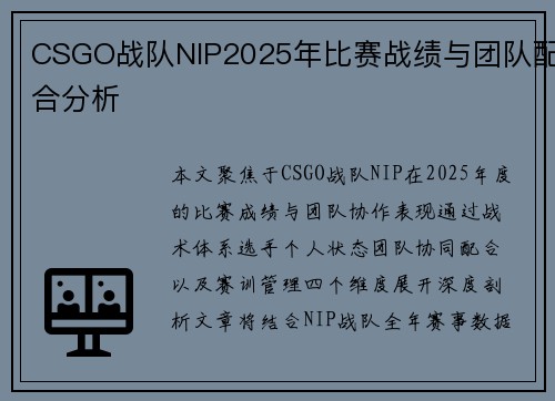 CSGO战队NIP2025年比赛战绩与团队配合分析