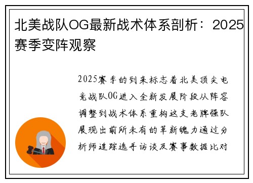 北美战队OG最新战术体系剖析：2025赛季变阵观察